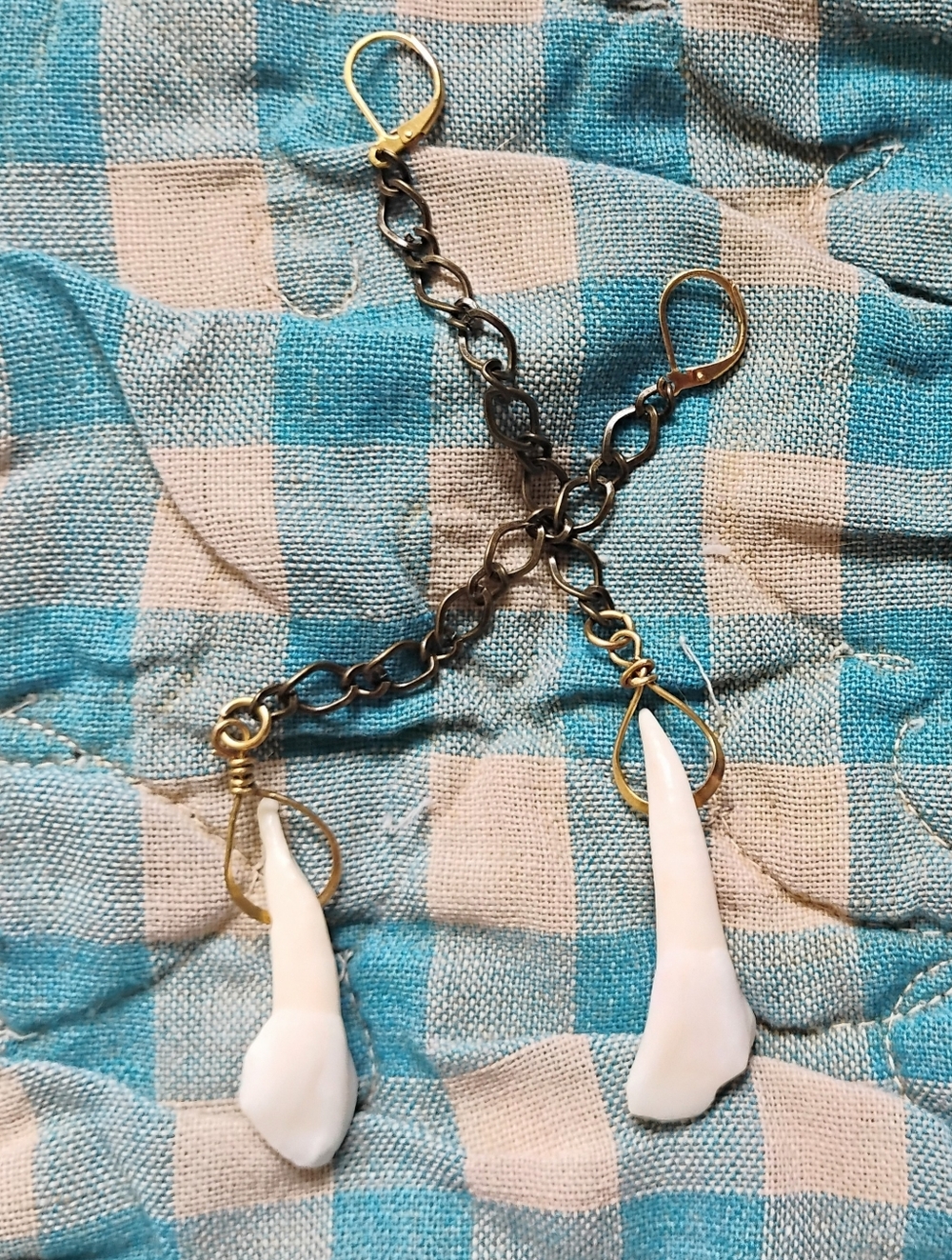 Long Buffalo Tooth Chain Earrings - Handmade - Picture 6 of 6
